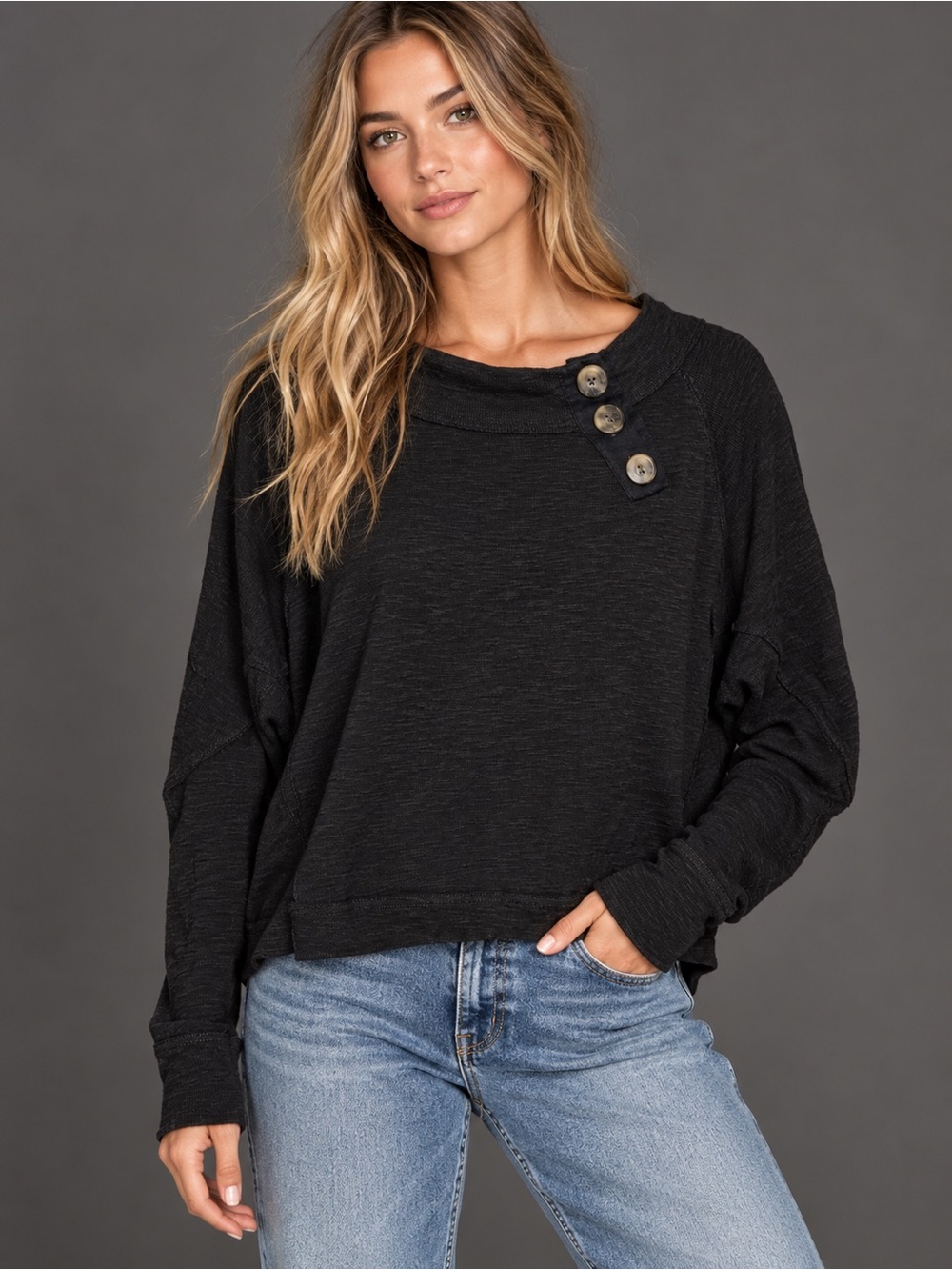 We The Free Free People Black Oversized Button Neck Slub Top Small Boho